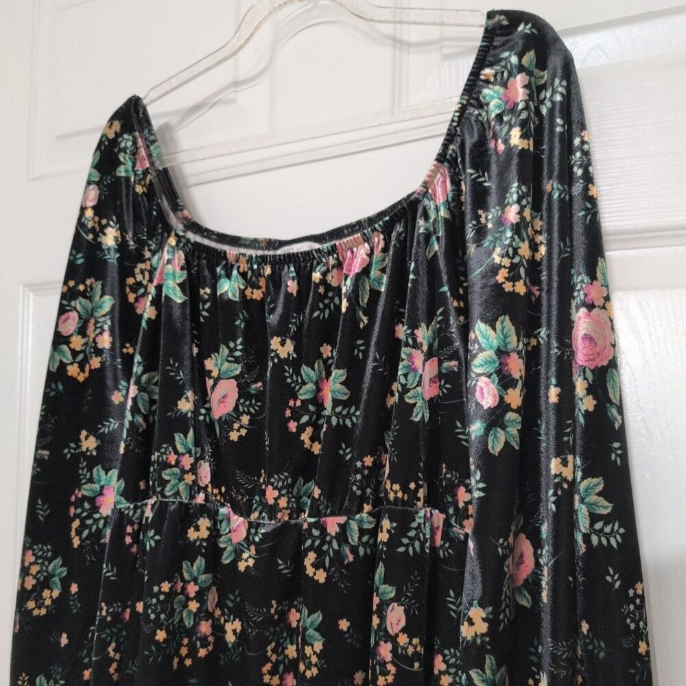 Cato Velvet Floral Babydoll Shirt Womens Size Large Black Stretch Peasant Blouse - Picture 2 of 8